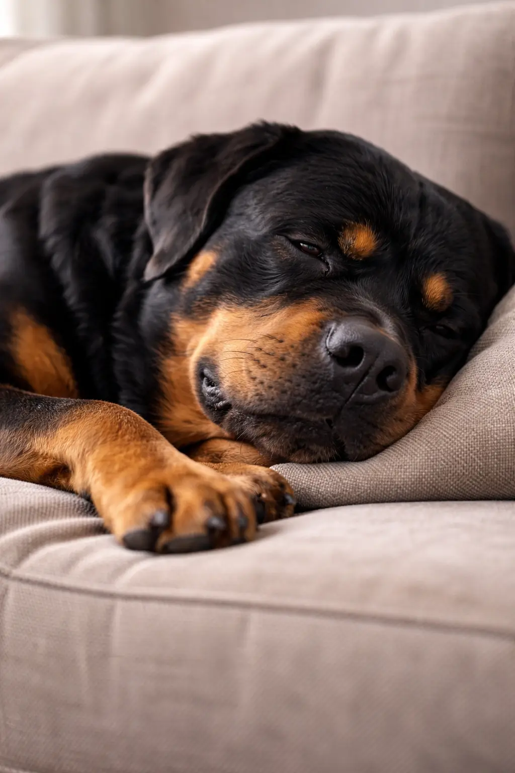 Rottweiler sproščeno spi na kavču – ljubeč in zvest domači spremljevalec v trenutkih počitka