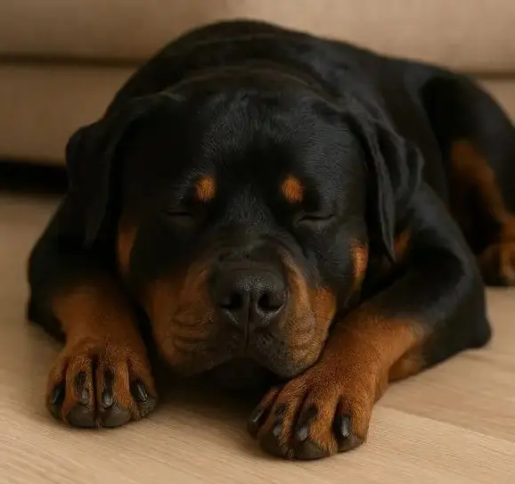 Rottweiler sproščeno spi na tleh doma – miren in zadovoljen pes v svojem domačem okolju