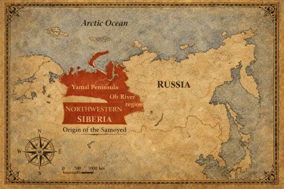 Zemljevid Northwestern Siberia, ki prikazuje izvor Samojeda okoli polotoka Jamal in reke Ob