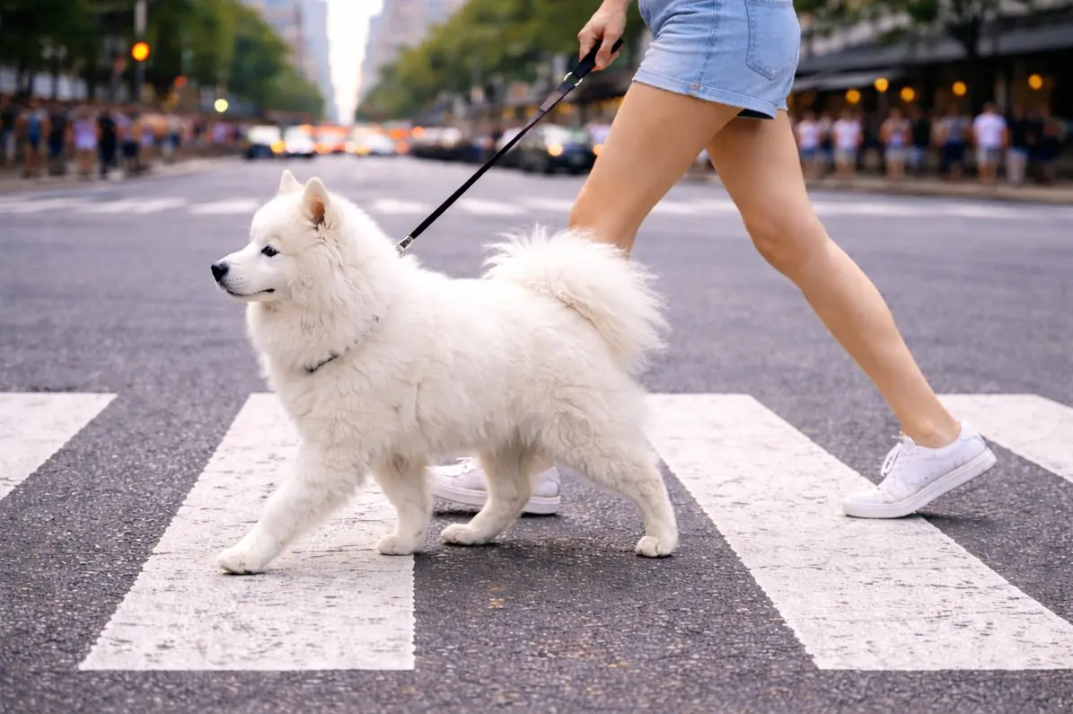 Bijeli Samojed na povodcu s gustom dobro održavanom dlakom, šetan u gradskom okruženju