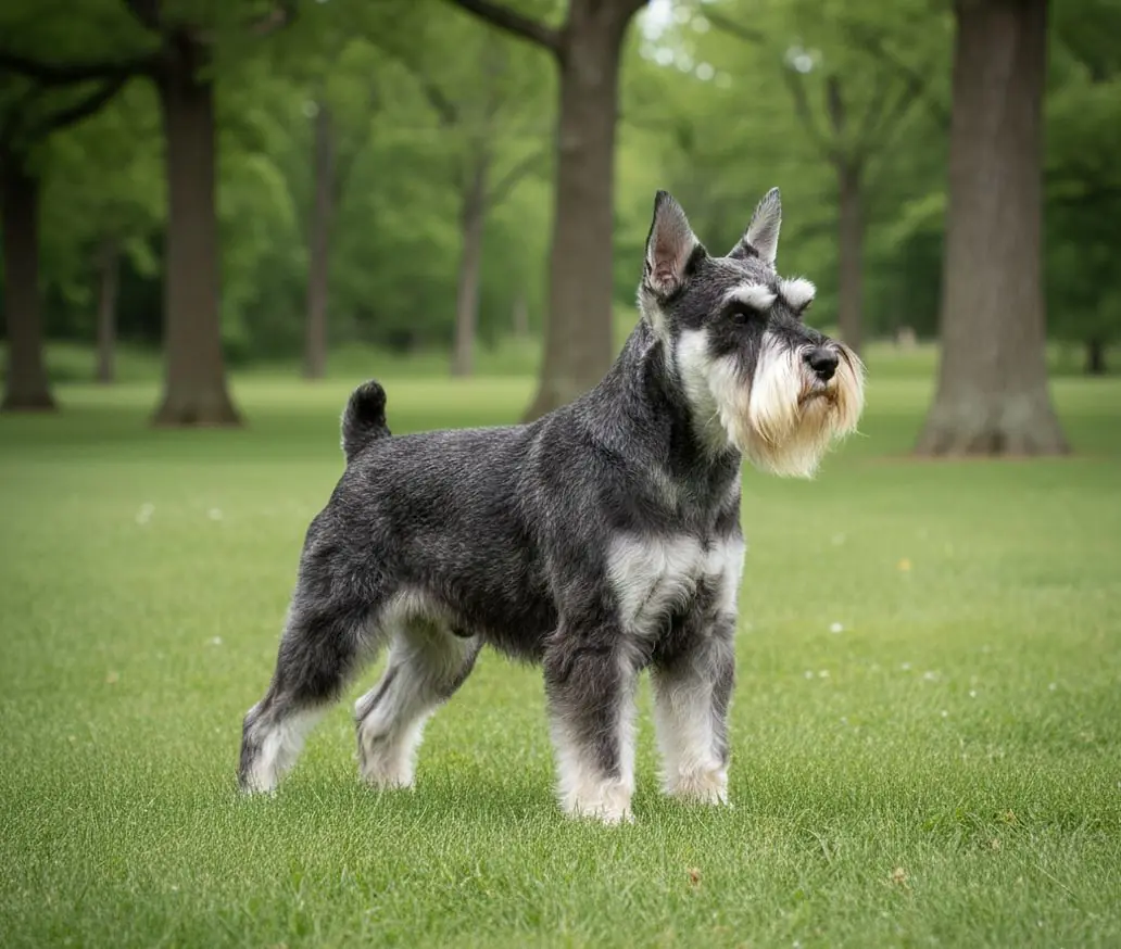 Šnaucer u punoj visini, stoji na sve četiri i gleda naprijed.