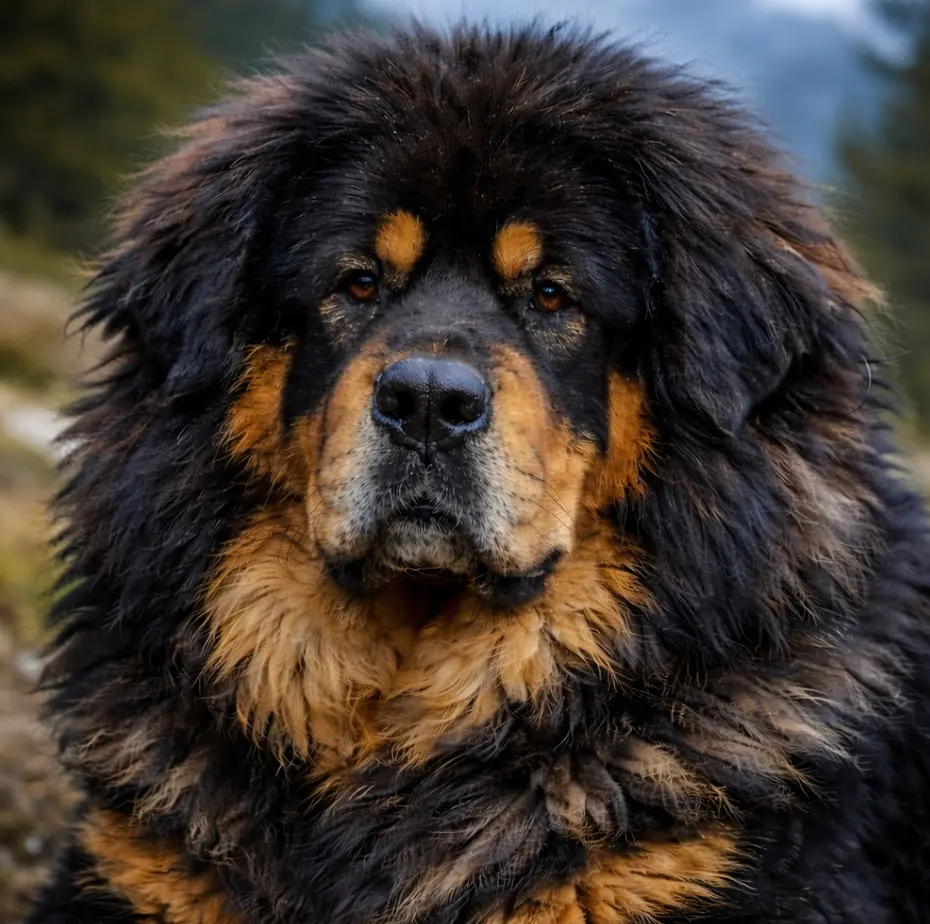 Bližnji posnetek glave tibetanskega mastifa z značilno levjo grivo