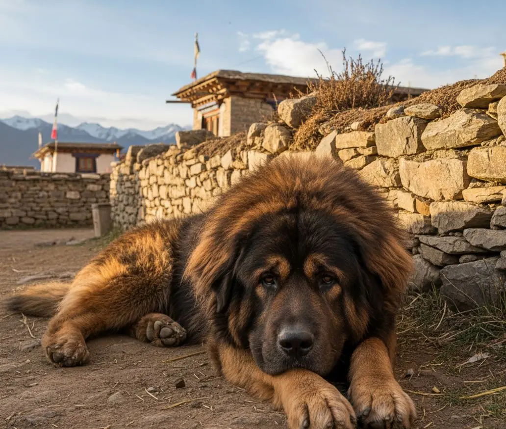 Tibetanski mastif leži uz kameni zid u selu.