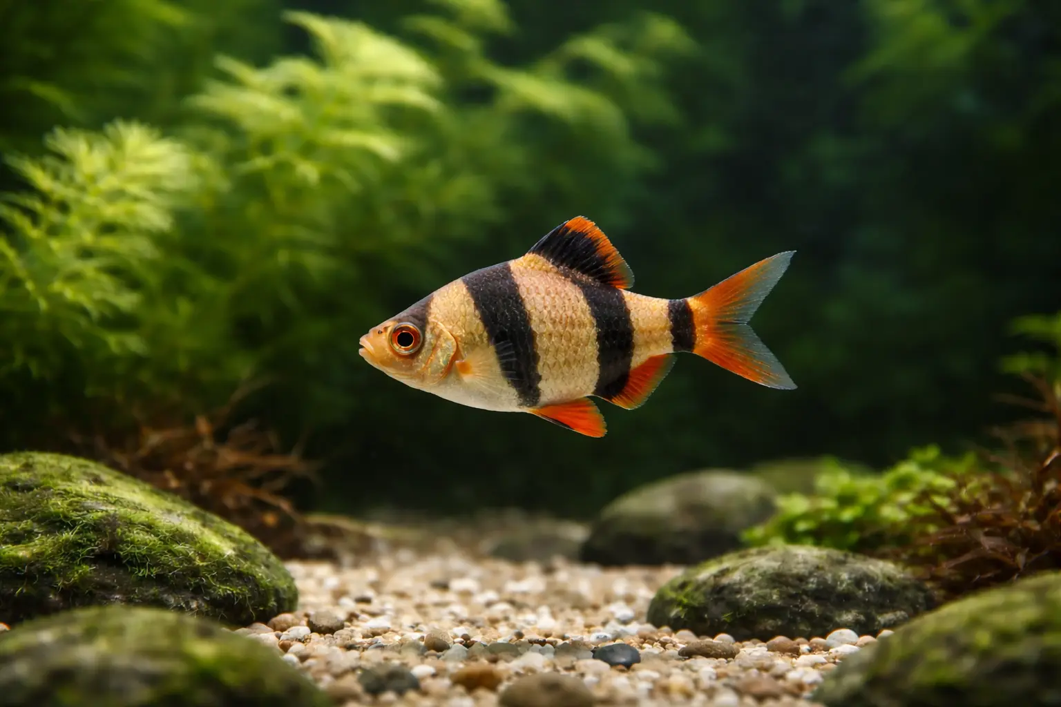 Barbus pliva u akvariju s biljkama i kamenčićima