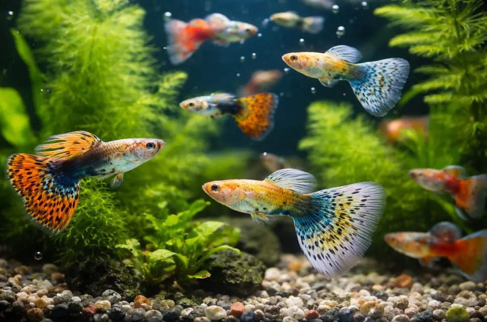 Gupi plivaju u zajedničkom akvariju s biljkama