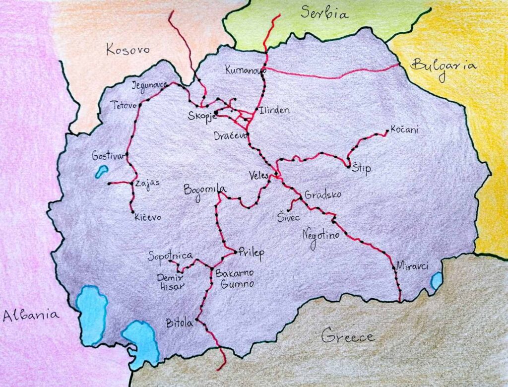 Mapa ferroviario de Macedonia del Norte