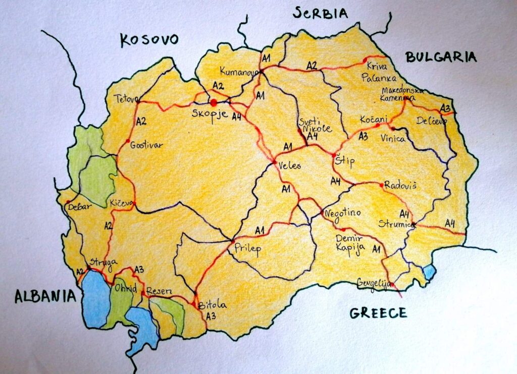 Mappa delle strade principali della Macedonia del Nord